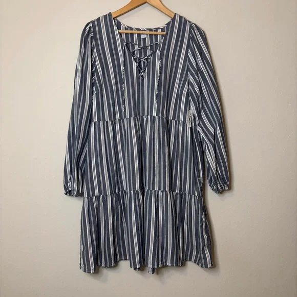 NWT Striped Tiered Lace-Up Mini Swing Dress, Blue Stripe Long Sleeve,‎ Large - Picture 4 of 17